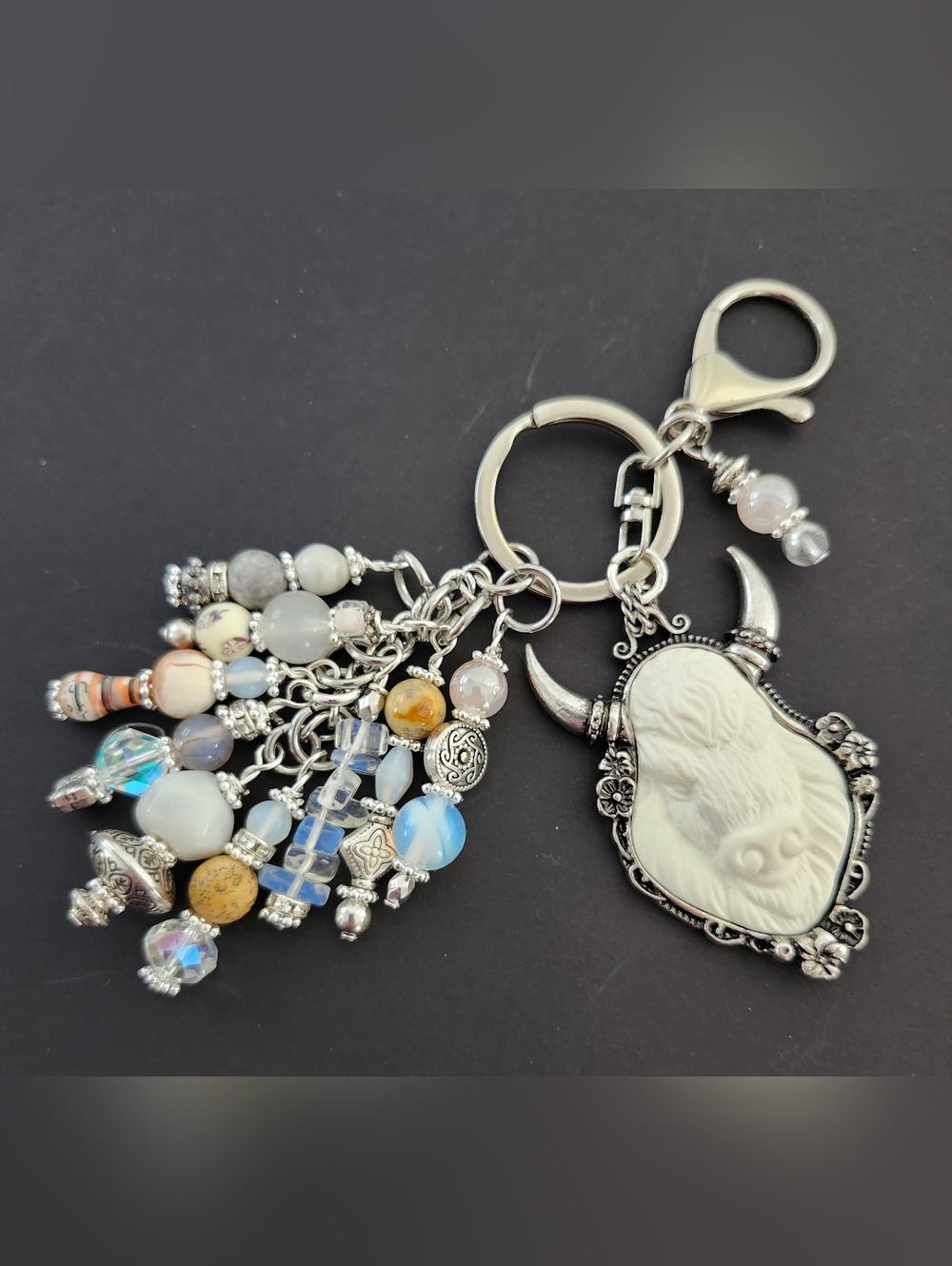 Highland Cow Purse Charm or Keychain Jasper Opal Rhodonite Handcrafted